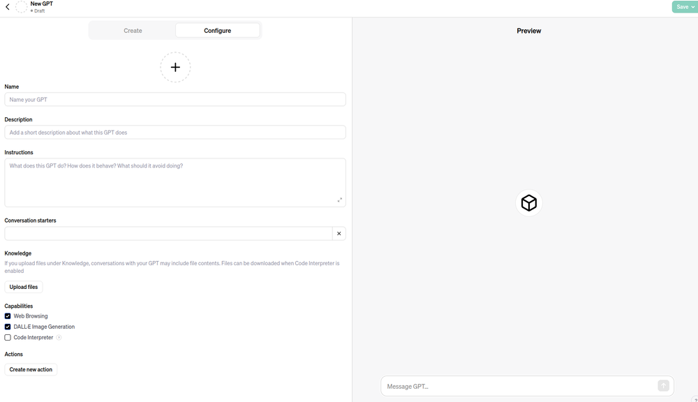 Интерфейс GPT Builder